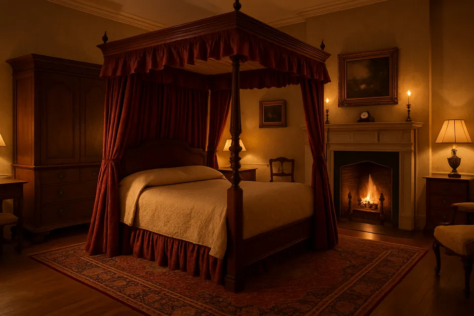 Elegantes Gästezimmer mit Himmelbett und antikem Interieur